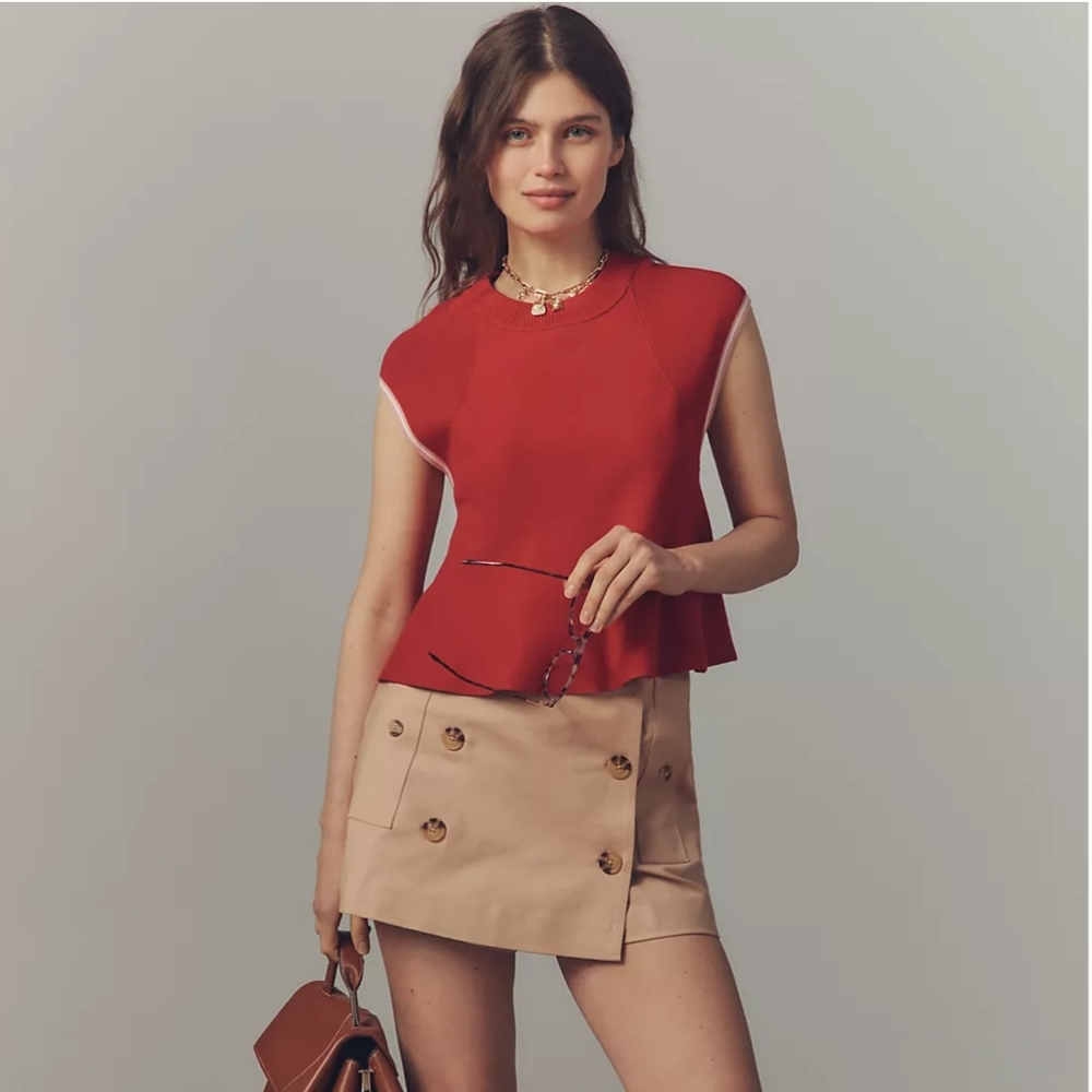 Red Peplum Top and Tan Button Skirt Set